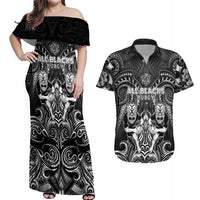 Personalized All Black Couples Matching Off Shoulder Maxi Dress and Hawaiian Shirt New Zealand Rugby Mascot Maori