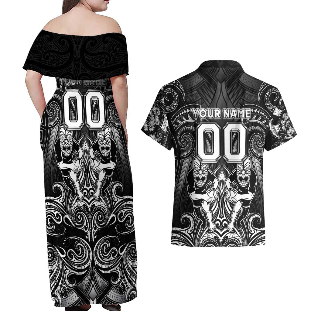 Personalized All Black Couples Matching Off Shoulder Maxi Dress and Hawaiian Shirt New Zealand Rugby Mascot Maori