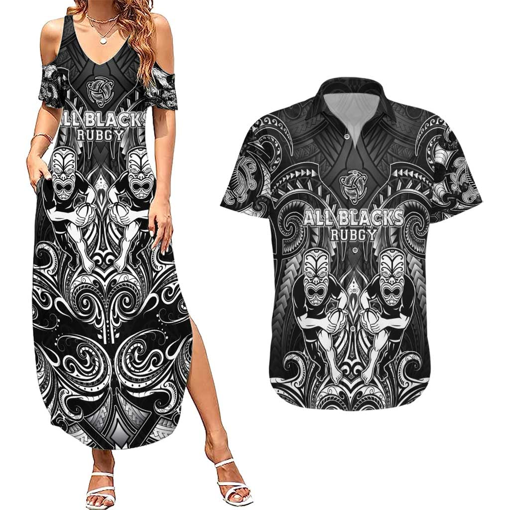 Personalized All Black Couples Matching Summer Maxi Dress and Hawaiian Shirt New Zealand Rugby Mascot Maori