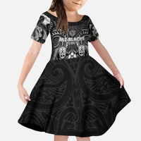 Personalized All Black Family Matching Off Shoulder Maxi Dress and Hawaiian Shirt New Zealand Rugby Mascot Maori DT02 Daughter's Dress Black - Polynesian Pride