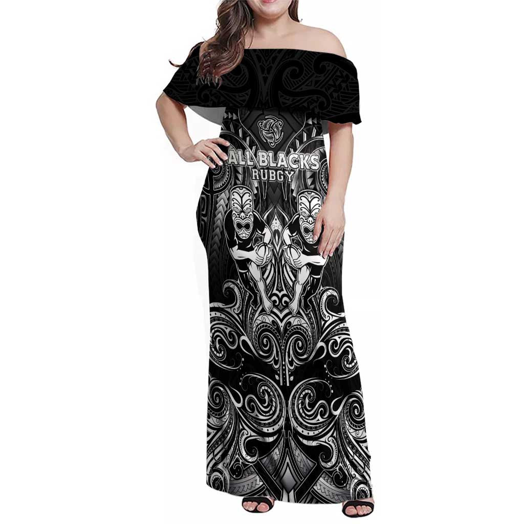 Personalized All Black Family Matching Off Shoulder Maxi Dress and Hawaiian Shirt New Zealand Rugby Mascot Maori DT02 Mom's Dress Black - Polynesian Pride