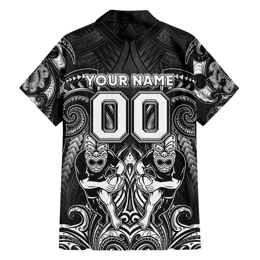 Personalized All Black Family Matching Off Shoulder Short Dress and Hawaiian Shirt New Zealand Rugby Mascot Maori