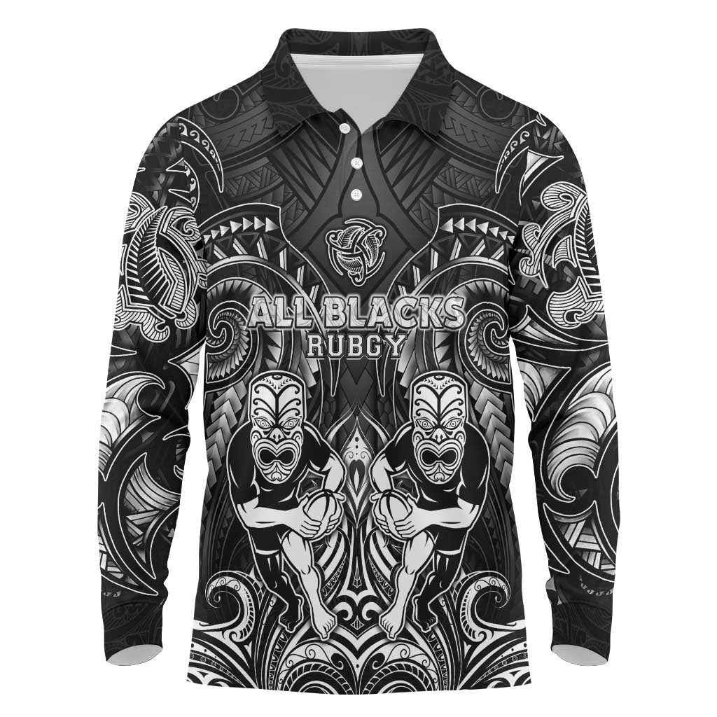 Personalized All Black Long Sleeve Polo Shirt New Zealand Rugby Mascot Maori