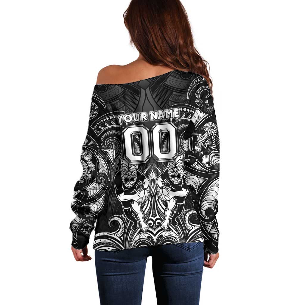 Personalized All Black Off Shoulder Sweater New Zealand Rugby Mascot Maori