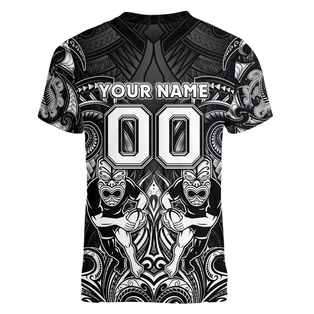 Personalized All Black Women V-Neck T-Shirt New Zealand Rugby Mascot Maori