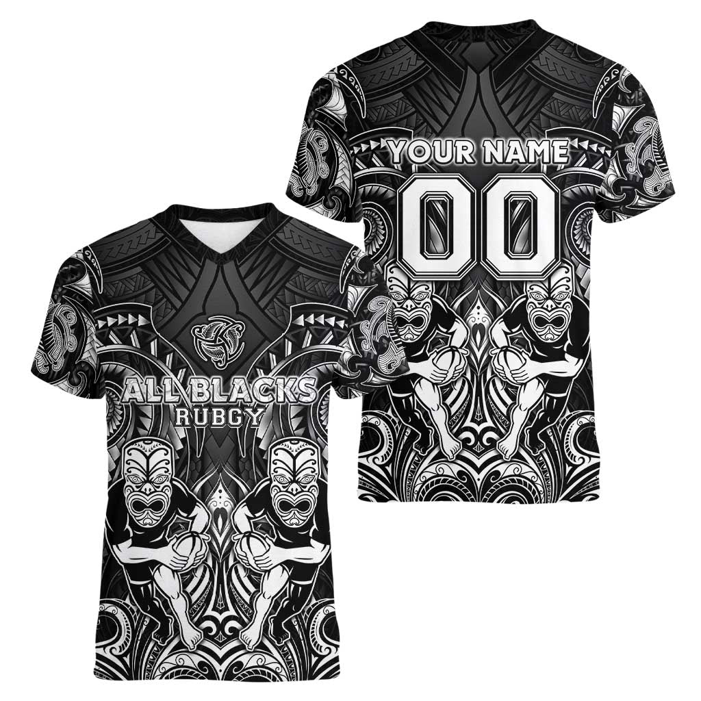 Personalized All Black Women V-Neck T-Shirt New Zealand Rugby Mascot Maori