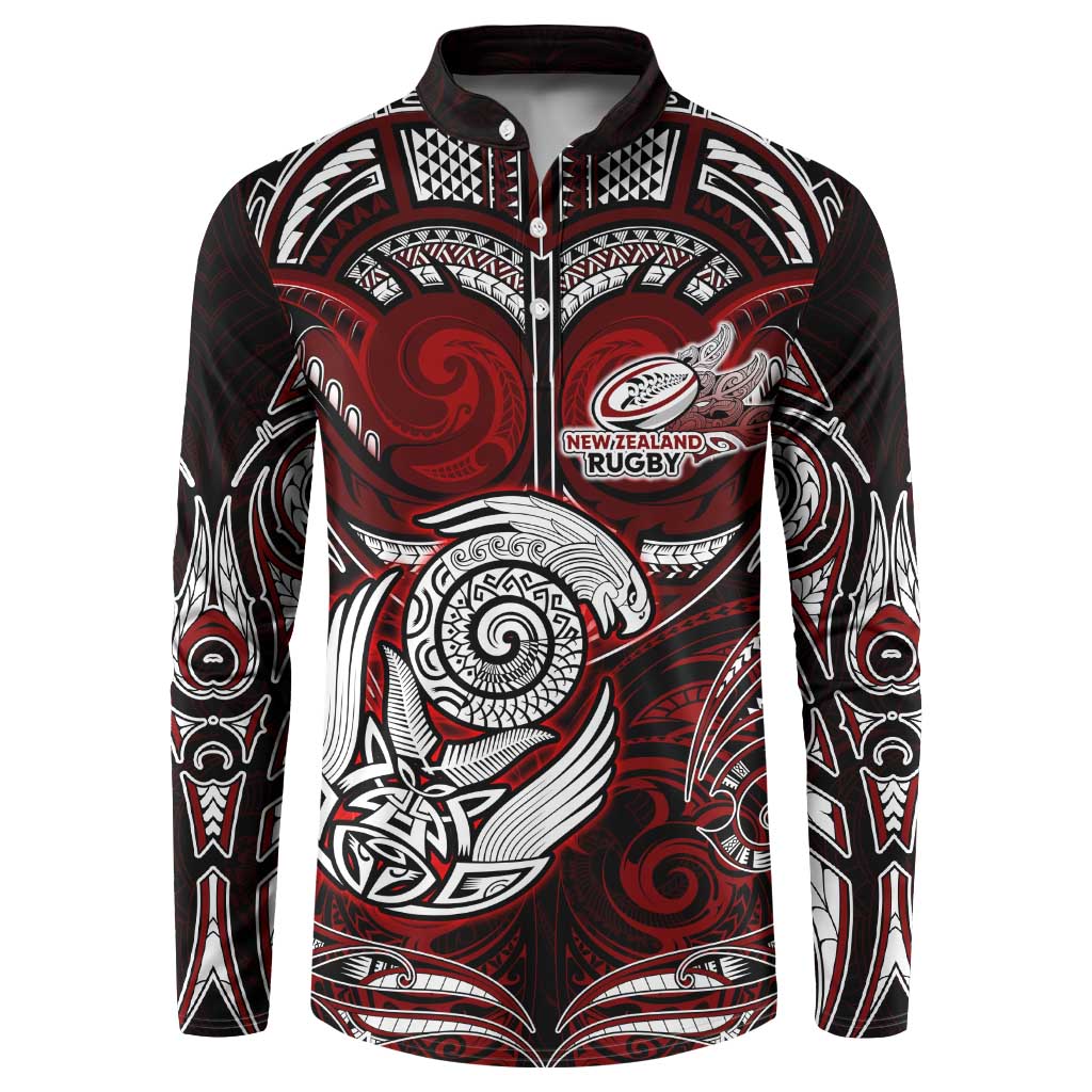 Personalized New Zealand Aotearoa Rugby Button Sweatshirt Maori Fern Tattoo Art