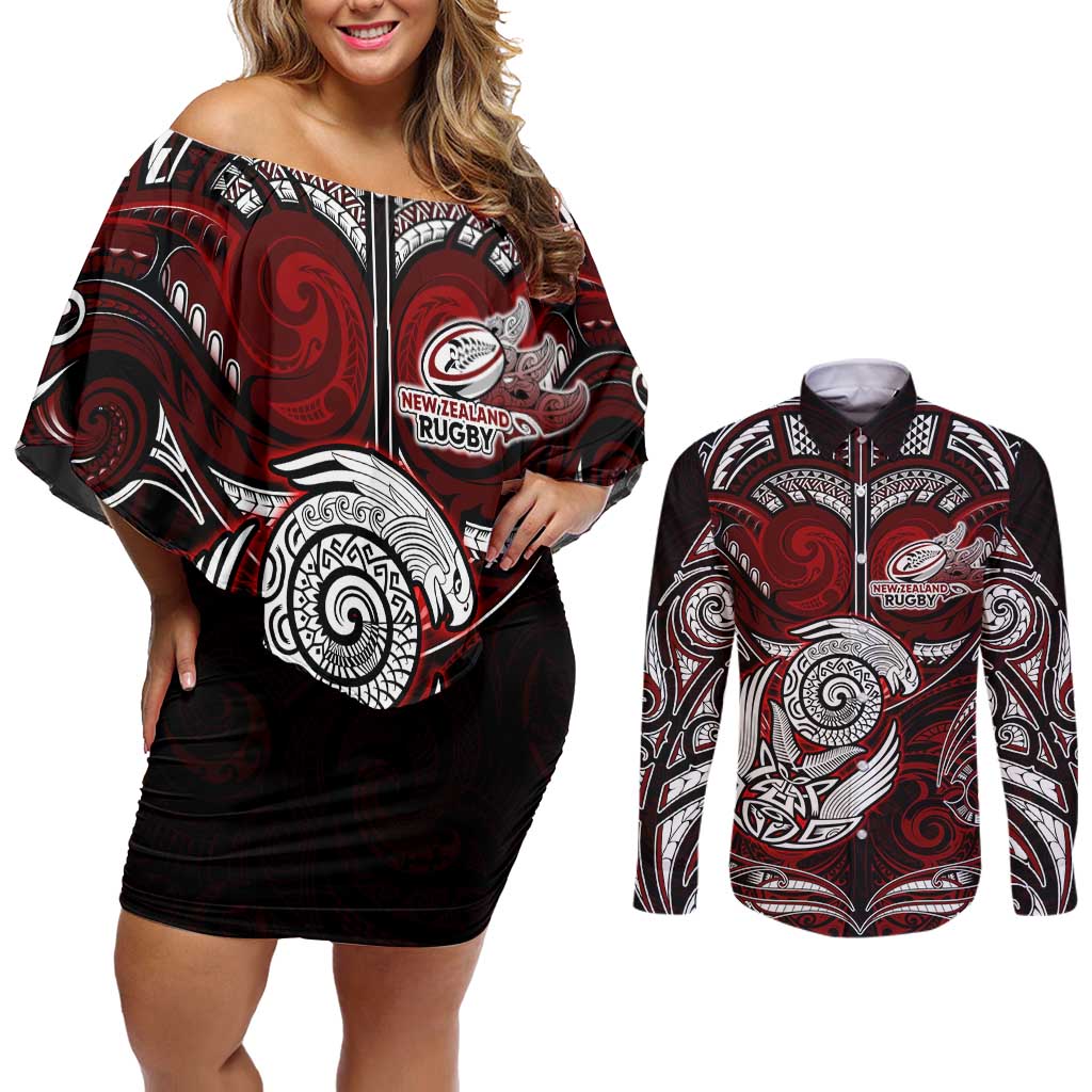 Personalized New Zealand Aotearoa Rugby Couples Matching Off Shoulder Short Dress and Long Sleeve Button Shirt Maori Fern Tattoo Art