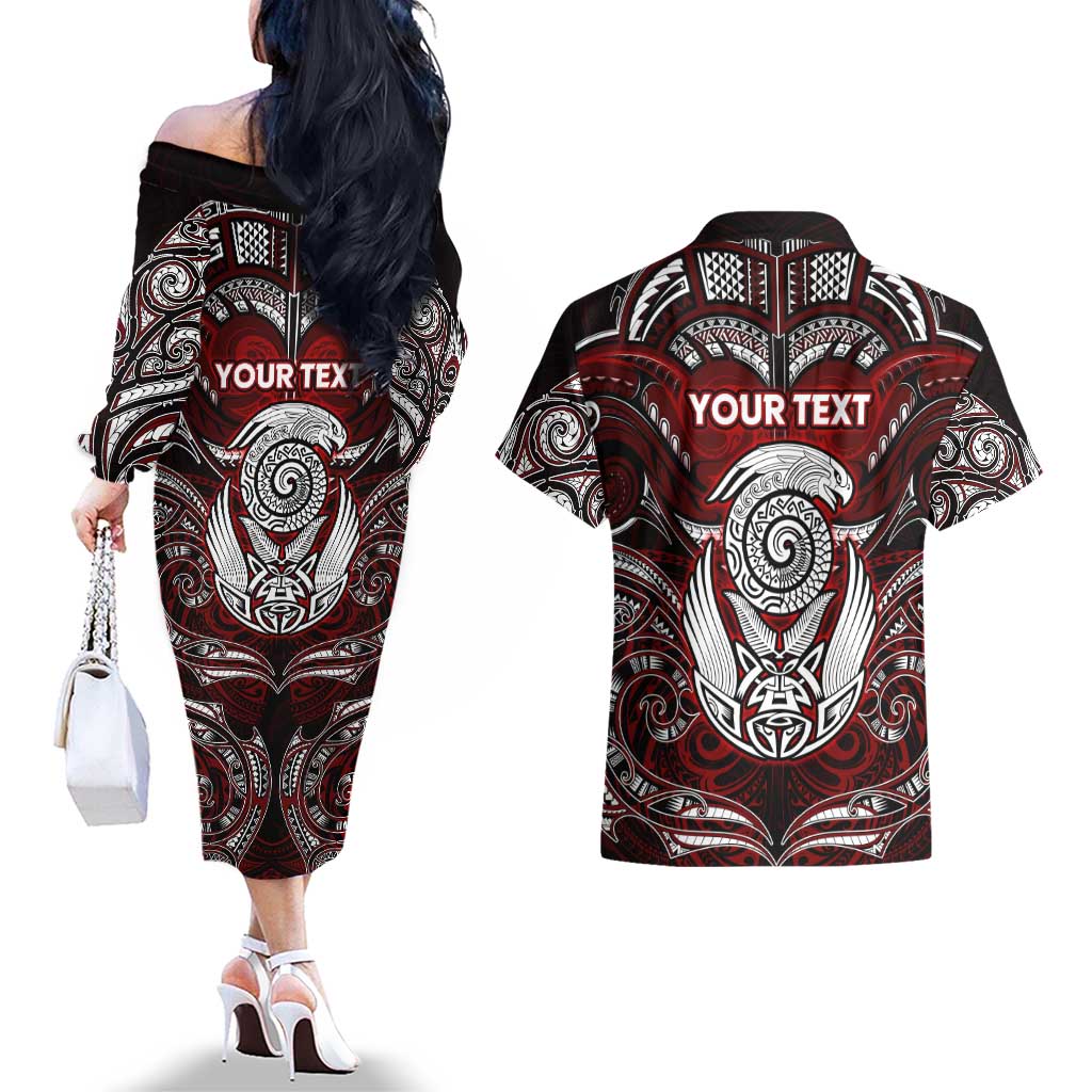 Personalized New Zealand Aotearoa Rugby Couples Matching Off The Shoulder Long Sleeve Dress and Hawaiian Shirt Maori Fern Tattoo Art DT02 - Polynesian Pride