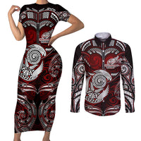 Personalized New Zealand Aotearoa Rugby Couples Matching Short Sleeve Bodycon Dress and Long Sleeve Button Shirt Maori Fern Tattoo Art
