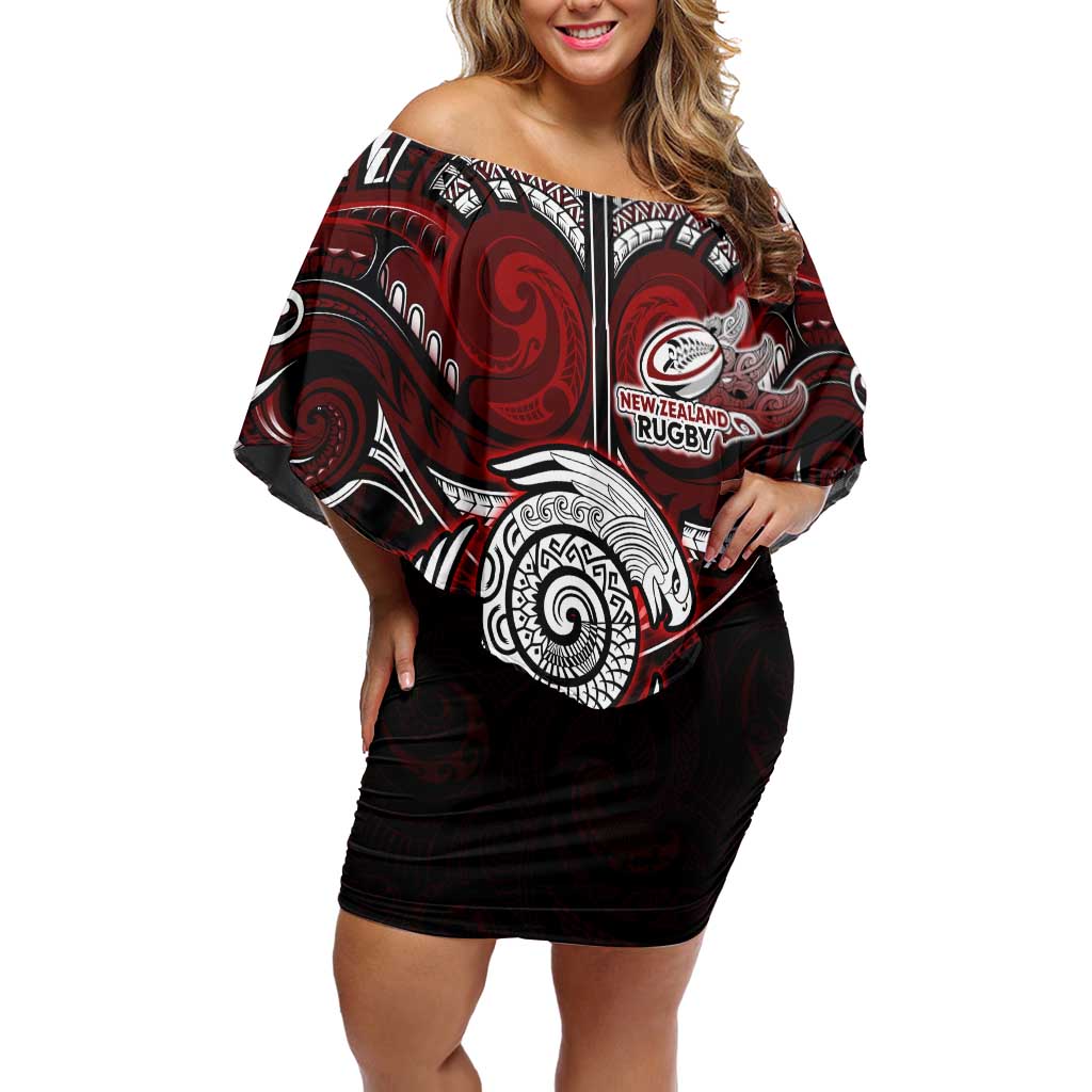 Personalized New Zealand Aotearoa Rugby Family Matching Off Shoulder Short Dress and Hawaiian Shirt Maori Fern Tattoo Art