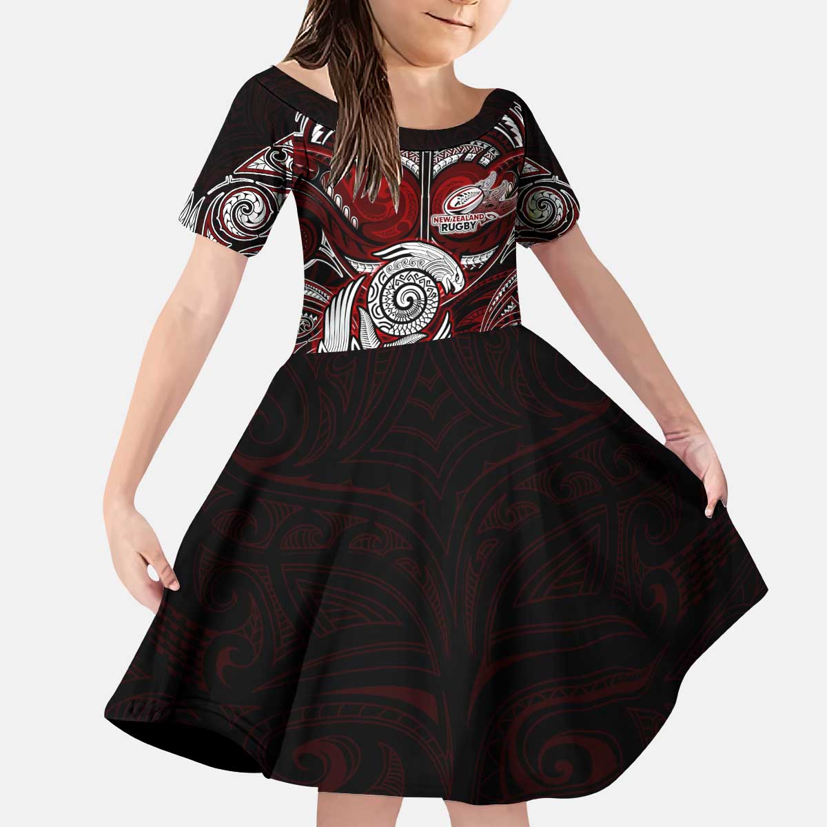 Personalized New Zealand Aotearoa Rugby Kid Short Sleeve Dress Maori Fern Tattoo Art DT02 KID Red - Polynesian Pride