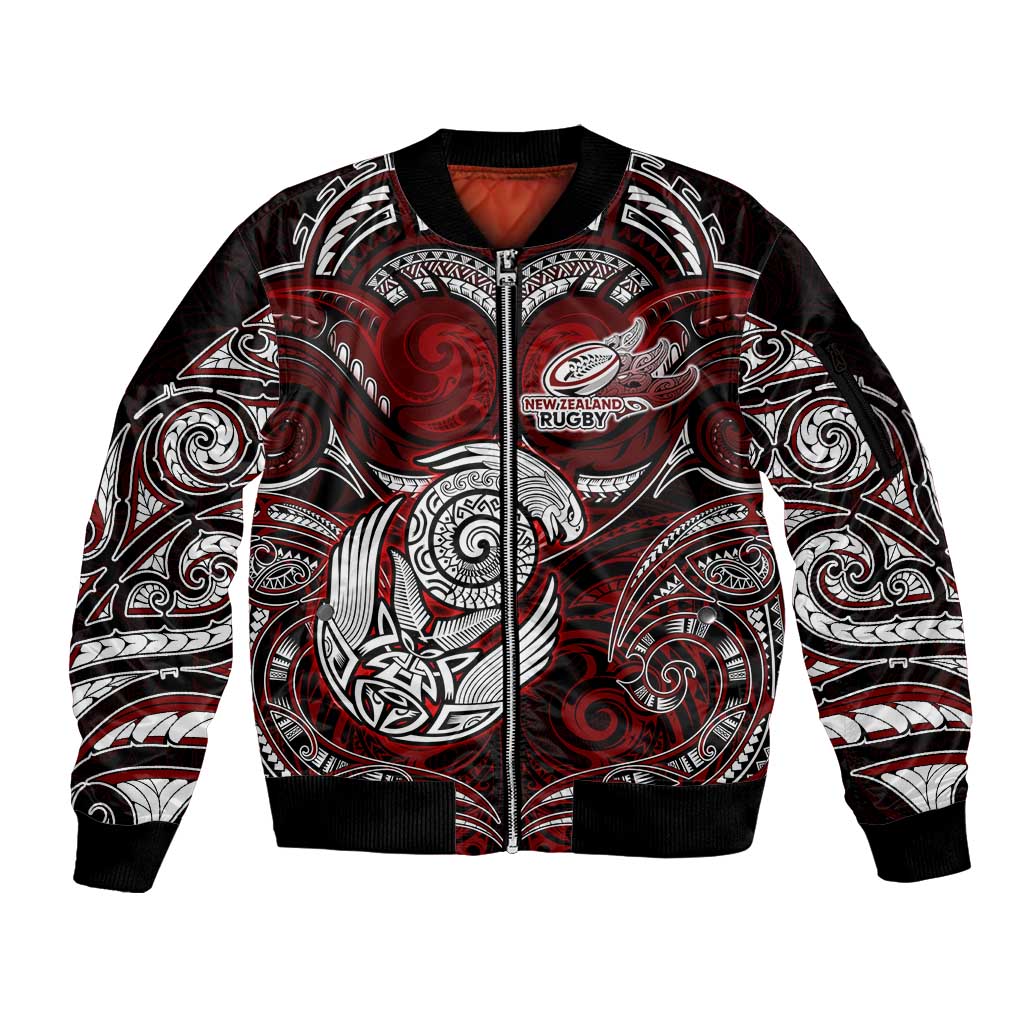 Personalized New Zealand Aotearoa Rugby Sleeve Zip Bomber Jacket Maori Fern Tattoo Art