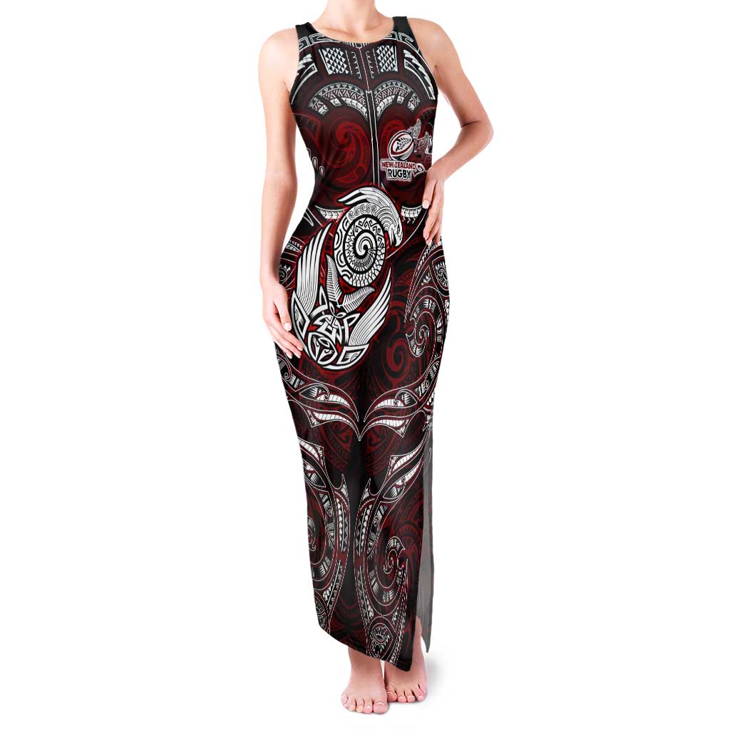 Personalized New Zealand Aotearoa Rugby Tank Maxi Dress Maori Fern Tattoo Art DT02 Women Red - Polynesian Pride