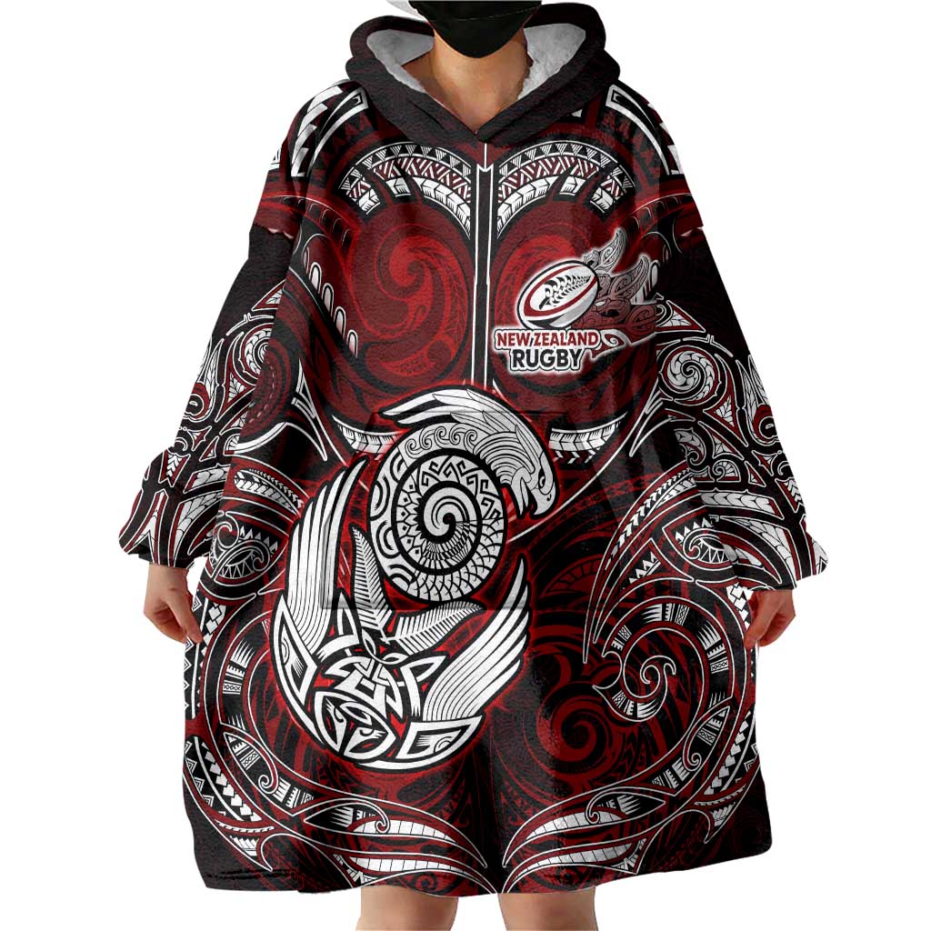 Personalized New Zealand Aotearoa Rugby Wearable Blanket Hoodie Maori Fern Tattoo Art