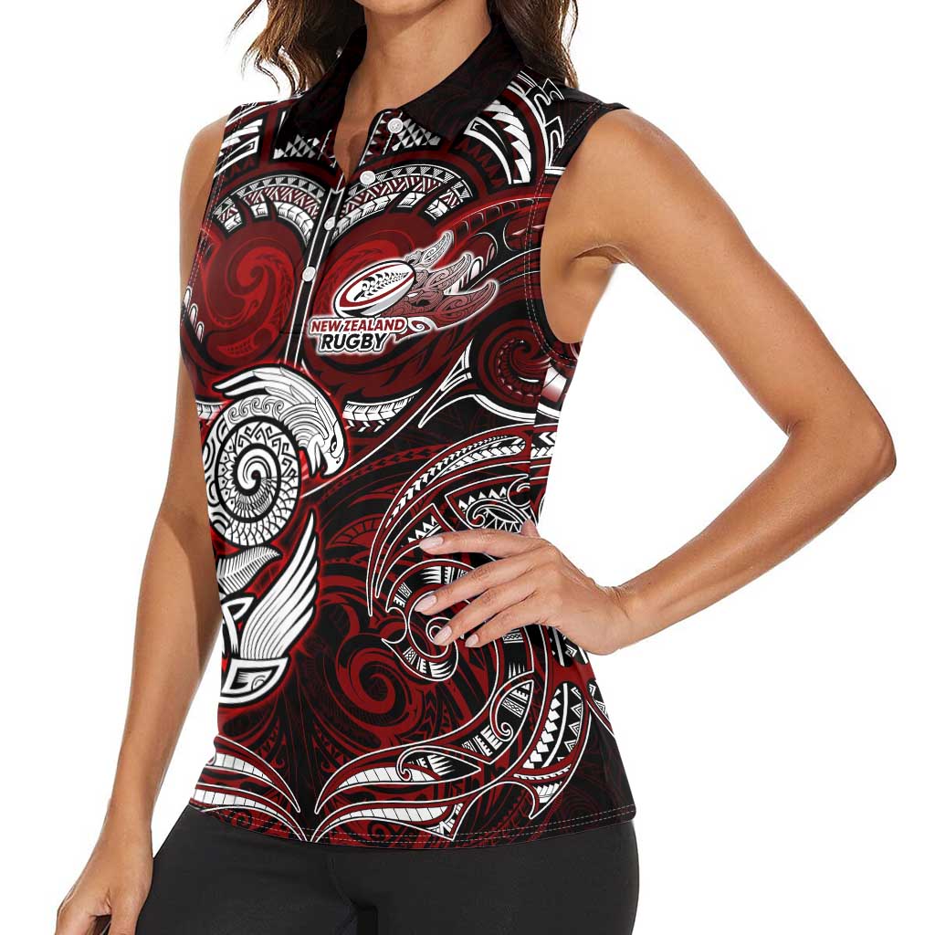 Personalized New Zealand Aotearoa Rugby Women Sleeveless Polo Shirt Maori Fern Tattoo Art