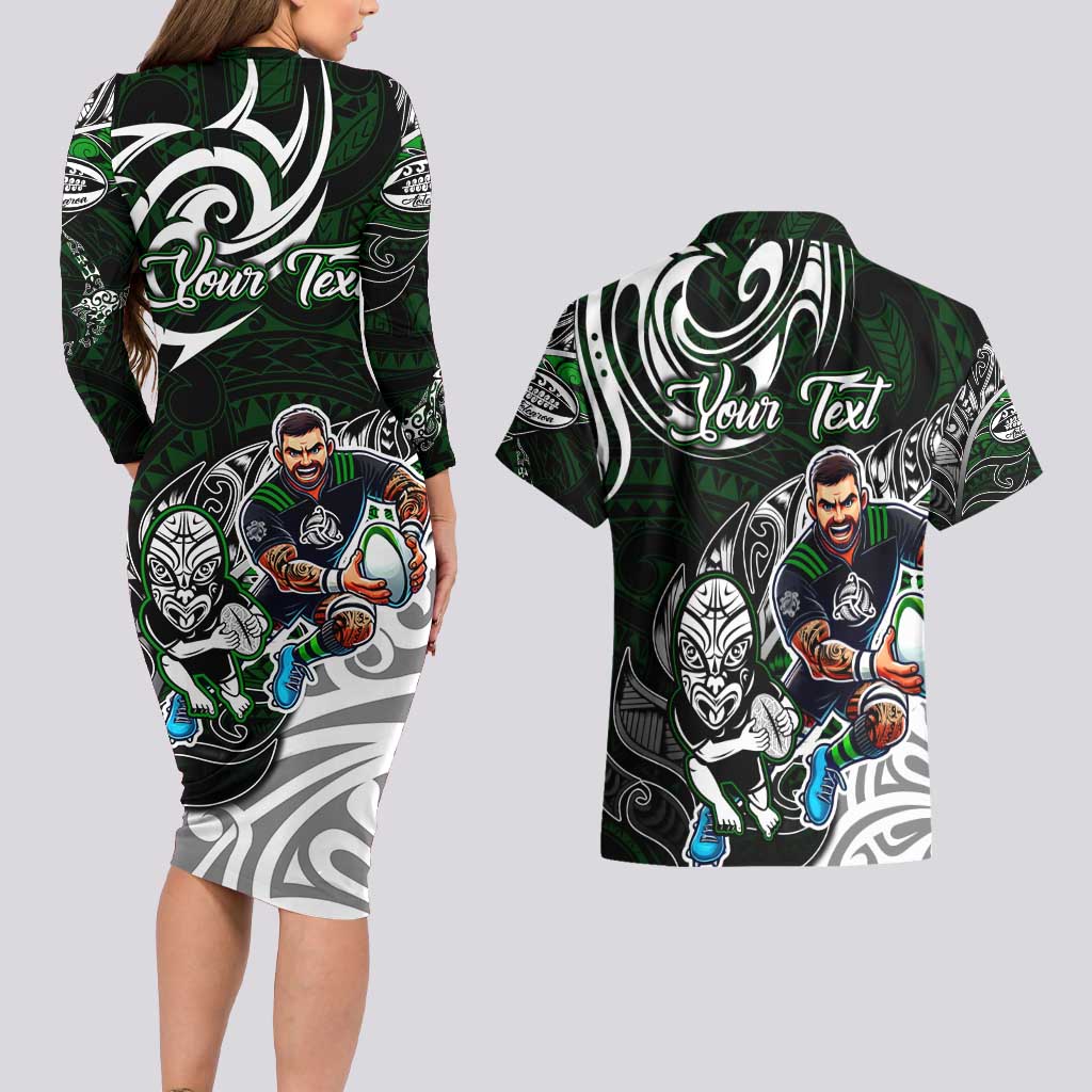 Personalized NZ Aotearoa Rugby Couples Matching Long Sleeve Bodycon Dress and Hawaiian Shirt New Zealand Silver Fern