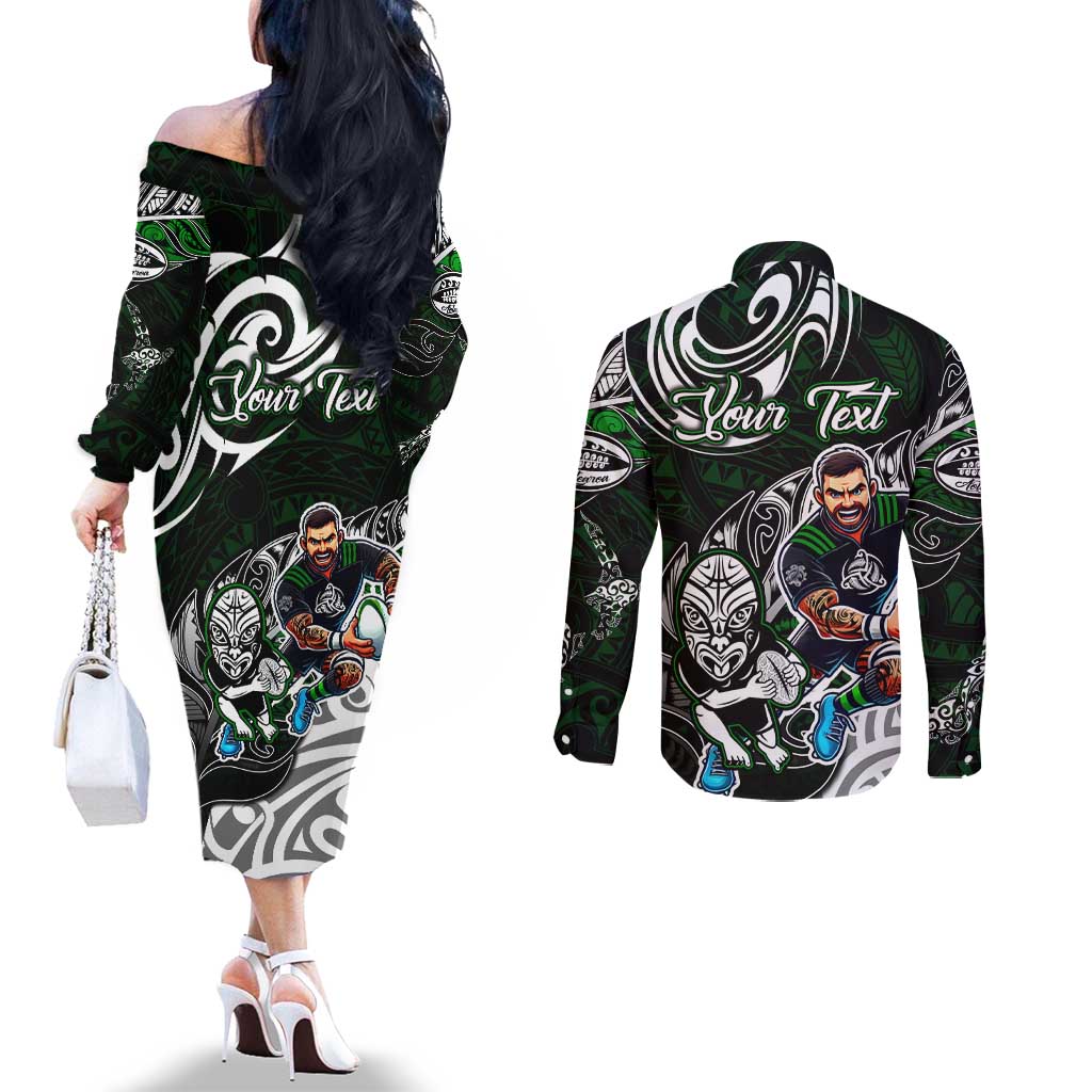 Personalized NZ Aotearoa Rugby Couples Matching Off The Shoulder Long Sleeve Dress and Long Sleeve Button Shirt New Zealand Silver Fern
