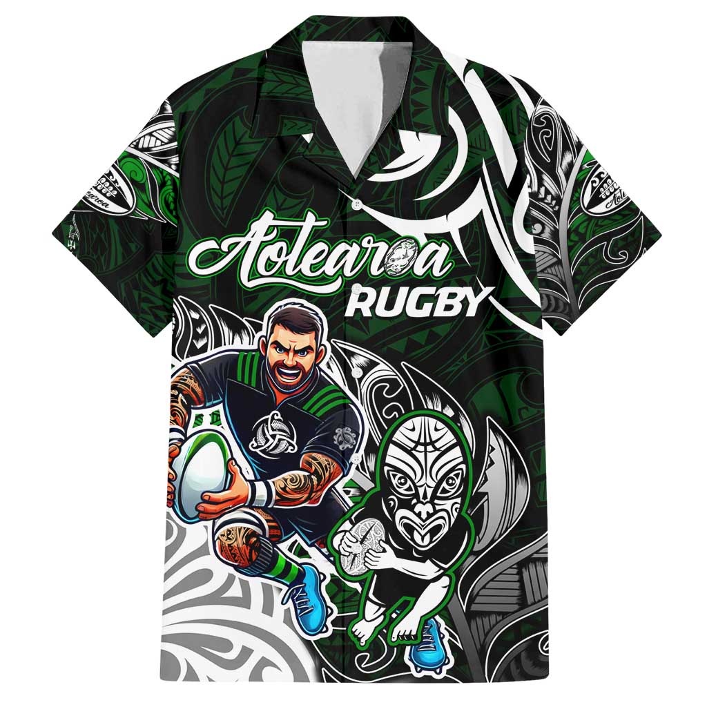 Personalized NZ Aotearoa Rugby Family Matching Off Shoulder Short Dress and Hawaiian Shirt New Zealand Silver Fern DT02 Dad's Shirt - Short Sleeve Green - Polynesian Pride