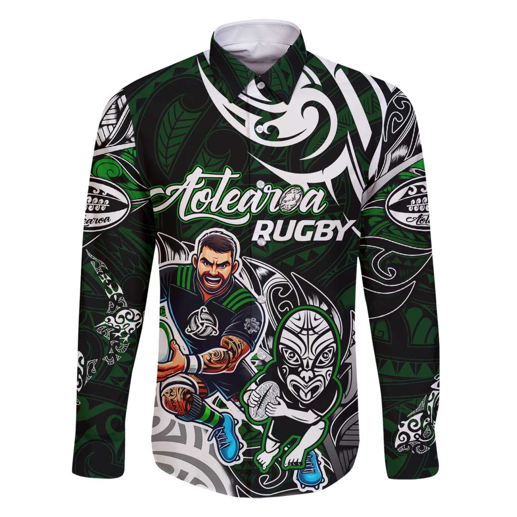 Personalized NZ Aotearoa Rugby Family Matching Off Shoulder Short Dress and Hawaiian Shirt New Zealand Silver Fern DT02 Dad's Shirt - Long Sleeve Green - Polynesian Pride