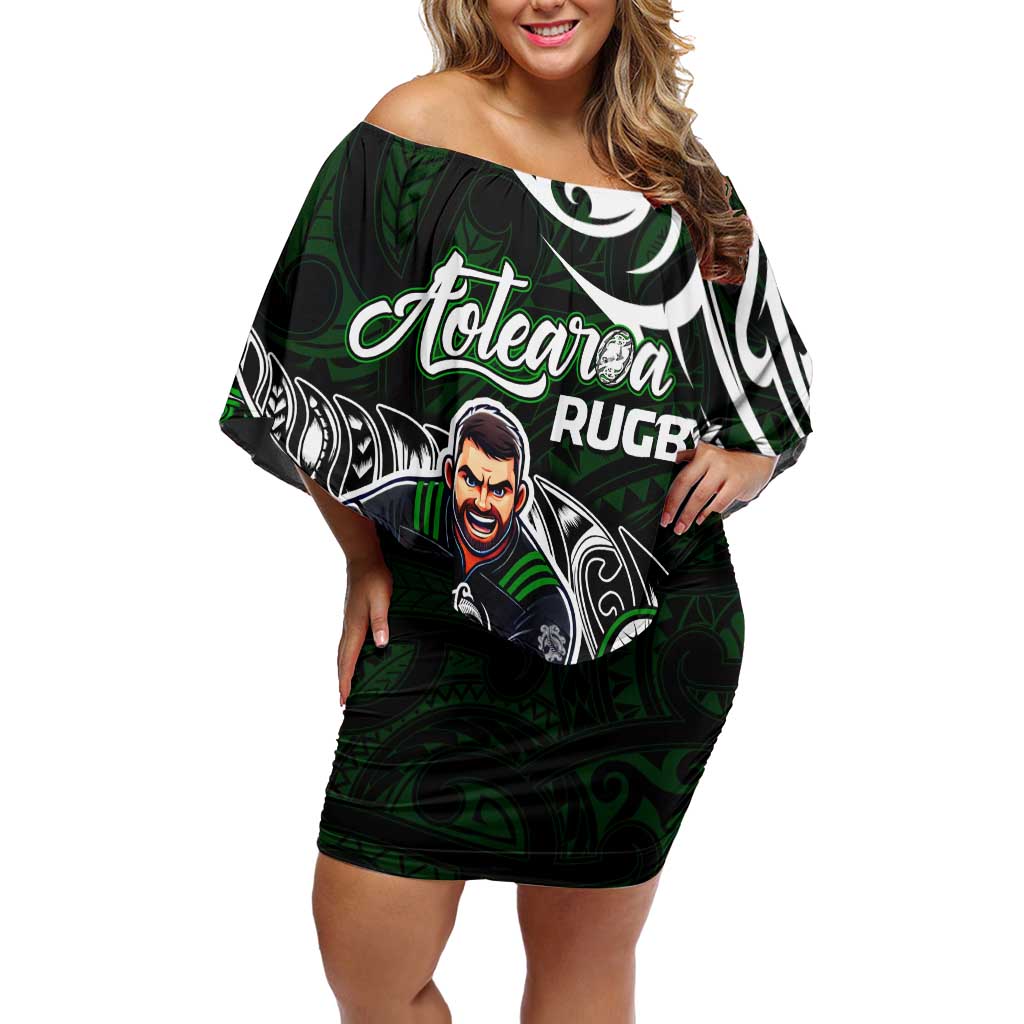 Personalized NZ Aotearoa Rugby Family Matching Off Shoulder Short Dress and Hawaiian Shirt New Zealand Silver Fern DT02 Mom's Dress Green - Polynesian Pride