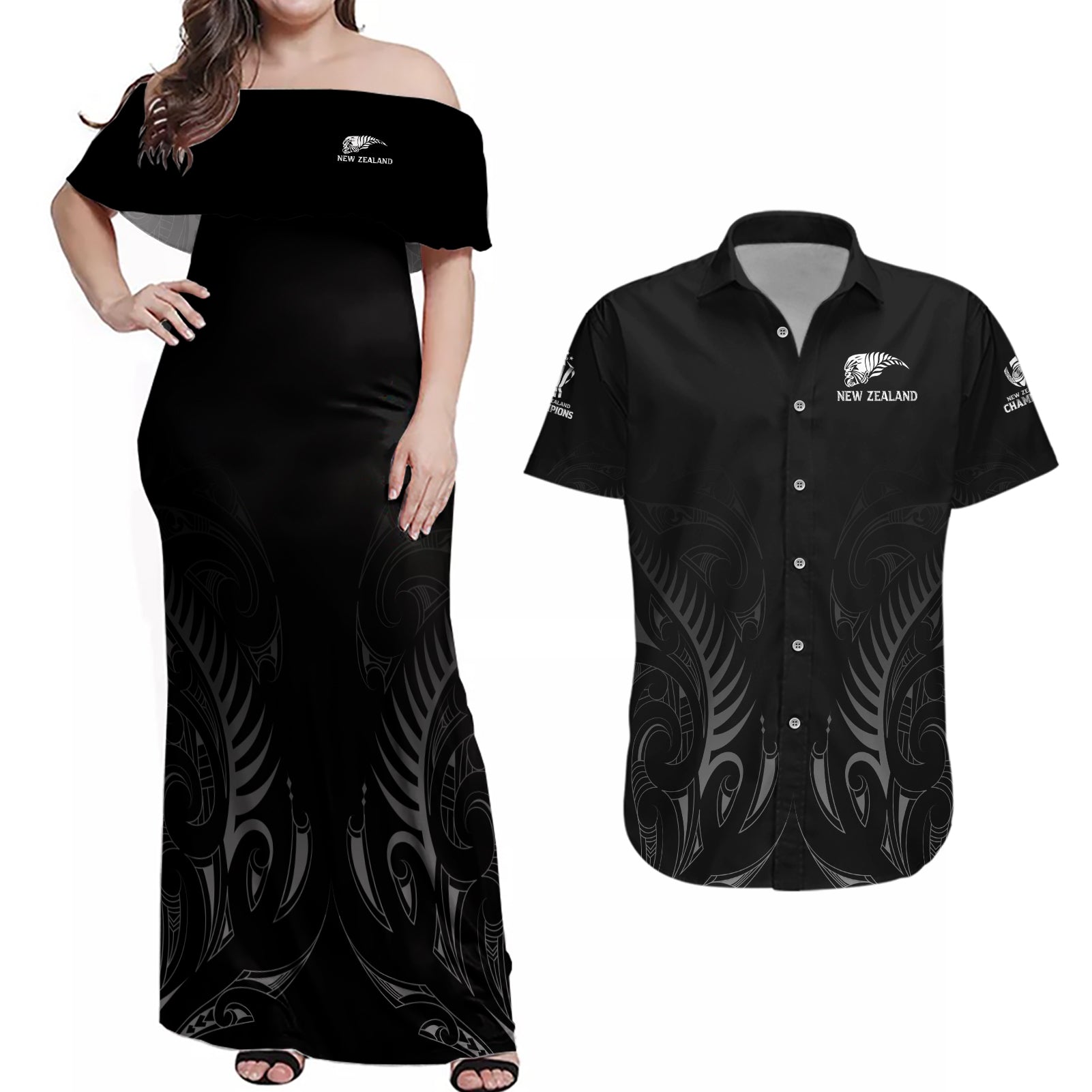 New Zealand Couples Matching Off Shoulder Maxi Dress and Hawaiian Shirt Rugby 2023 Champions Black DT02 Black - Polynesian Pride