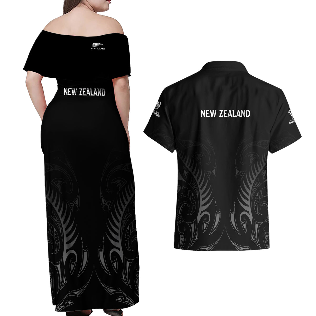 New Zealand Couples Matching Off Shoulder Maxi Dress and Hawaiian Shirt Rugby 2023 Champions Black DT02 - Polynesian Pride