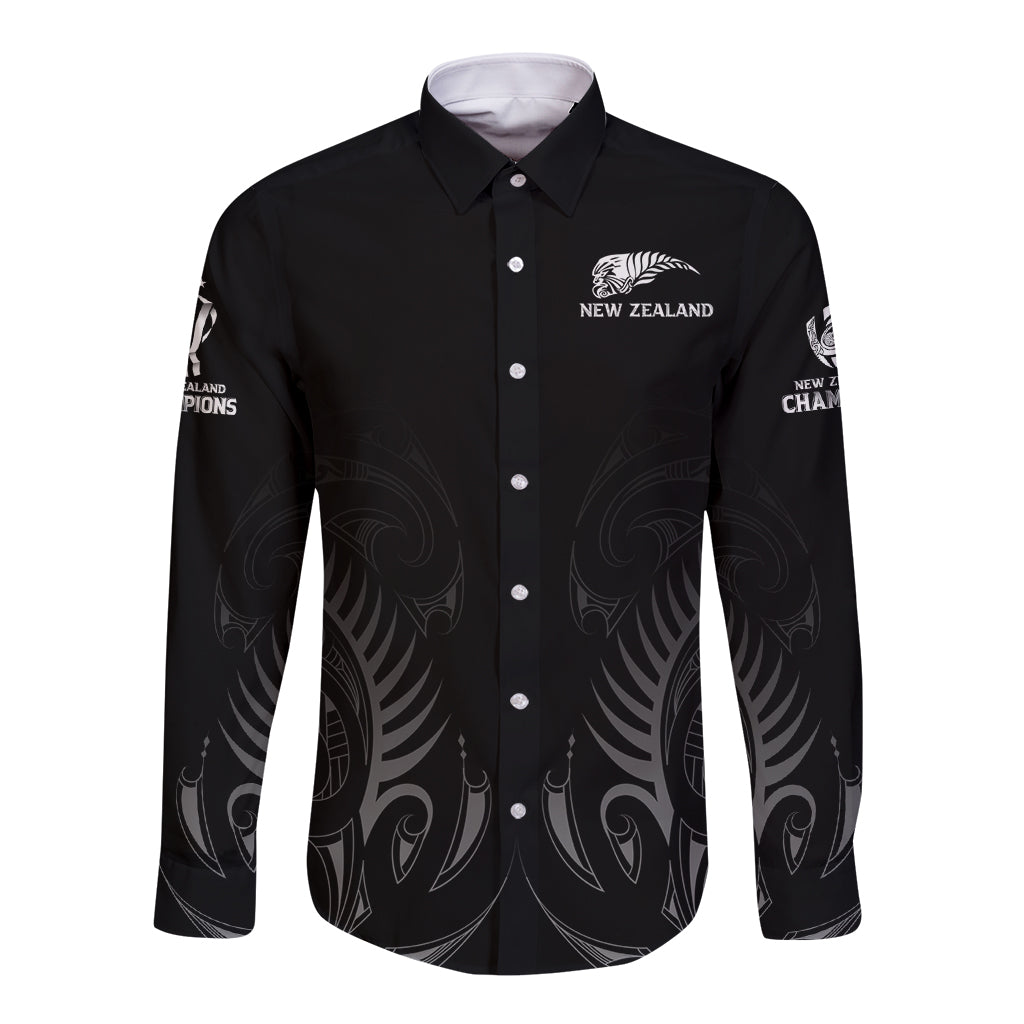 New Zealand Long Sleeve Button Shirt Rugby 2023 Champions Black DT02 Unisex Black - Polynesian Pride