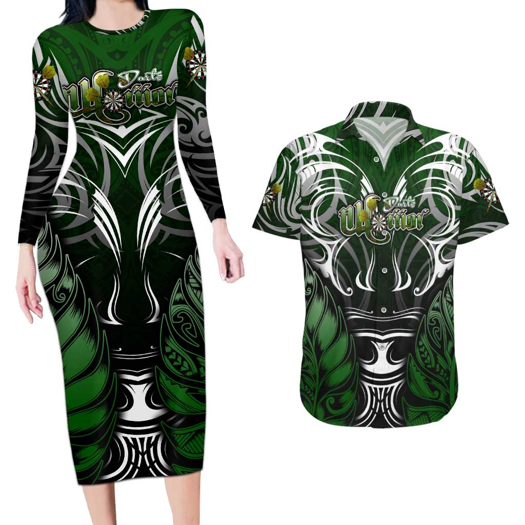 Personalised Warriors Maori Darts Couples Matching Long Sleeve Bodycon Dress and Hawaiian Shirt New Zealand Darts Silver Fern