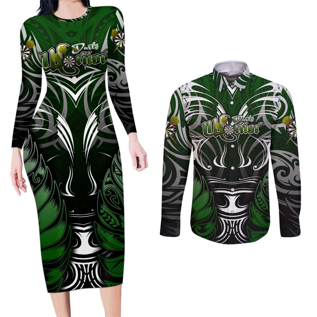 Personalised Warriors Maori Darts Couples Matching Long Sleeve Bodycon Dress and Long Sleeve Button Shirt New Zealand Darts Silver Fern