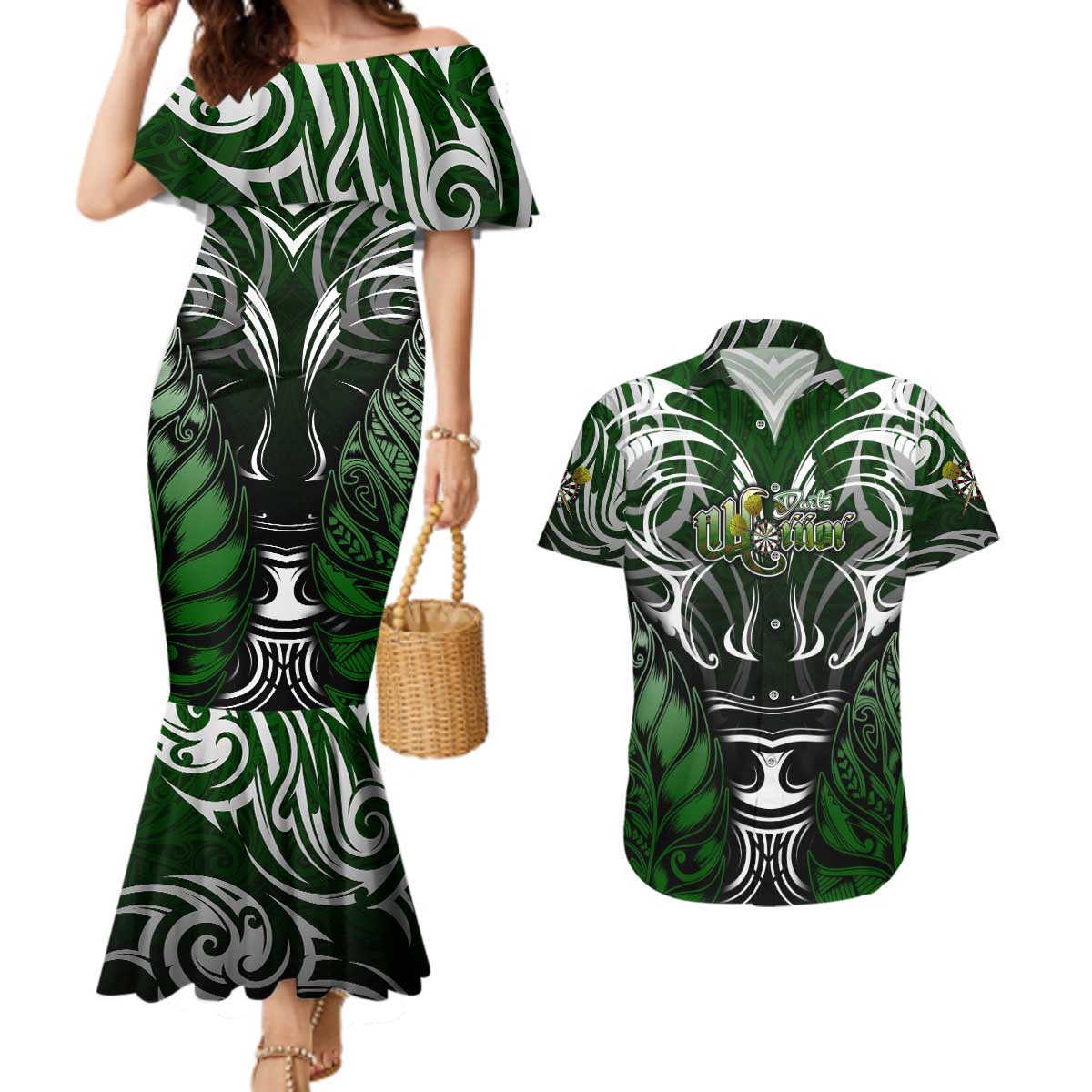 Personalised Warriors Maori Darts Couples Matching Mermaid Dress and Hawaiian Shirt New Zealand Darts Silver Fern DT02 Green - Polynesian Pride