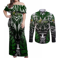 Personalised Warriors Maori Darts Couples Matching Off Shoulder Maxi Dress and Long Sleeve Button Shirt New Zealand Darts Silver Fern DT02 Green - Polynesian Pride