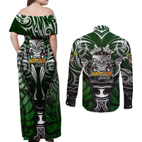 Personalised Warriors Maori Darts Couples Matching Off Shoulder Maxi Dress and Long Sleeve Button Shirt New Zealand Darts Silver Fern DT02 - Polynesian Pride