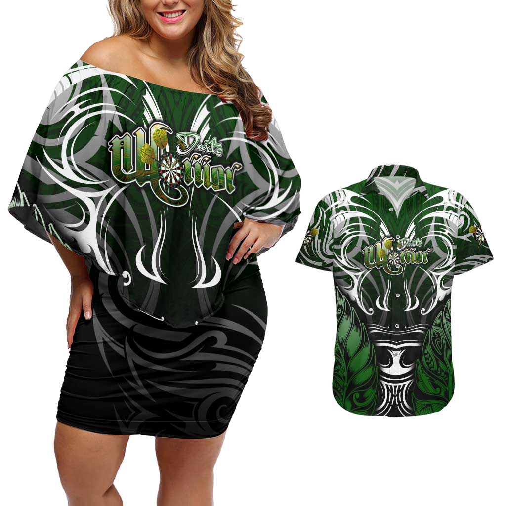Personalised Warriors Maori Darts Couples Matching Off Shoulder Short Dress and Hawaiian Shirt New Zealand Darts Silver Fern DT02 Green - Polynesian Pride