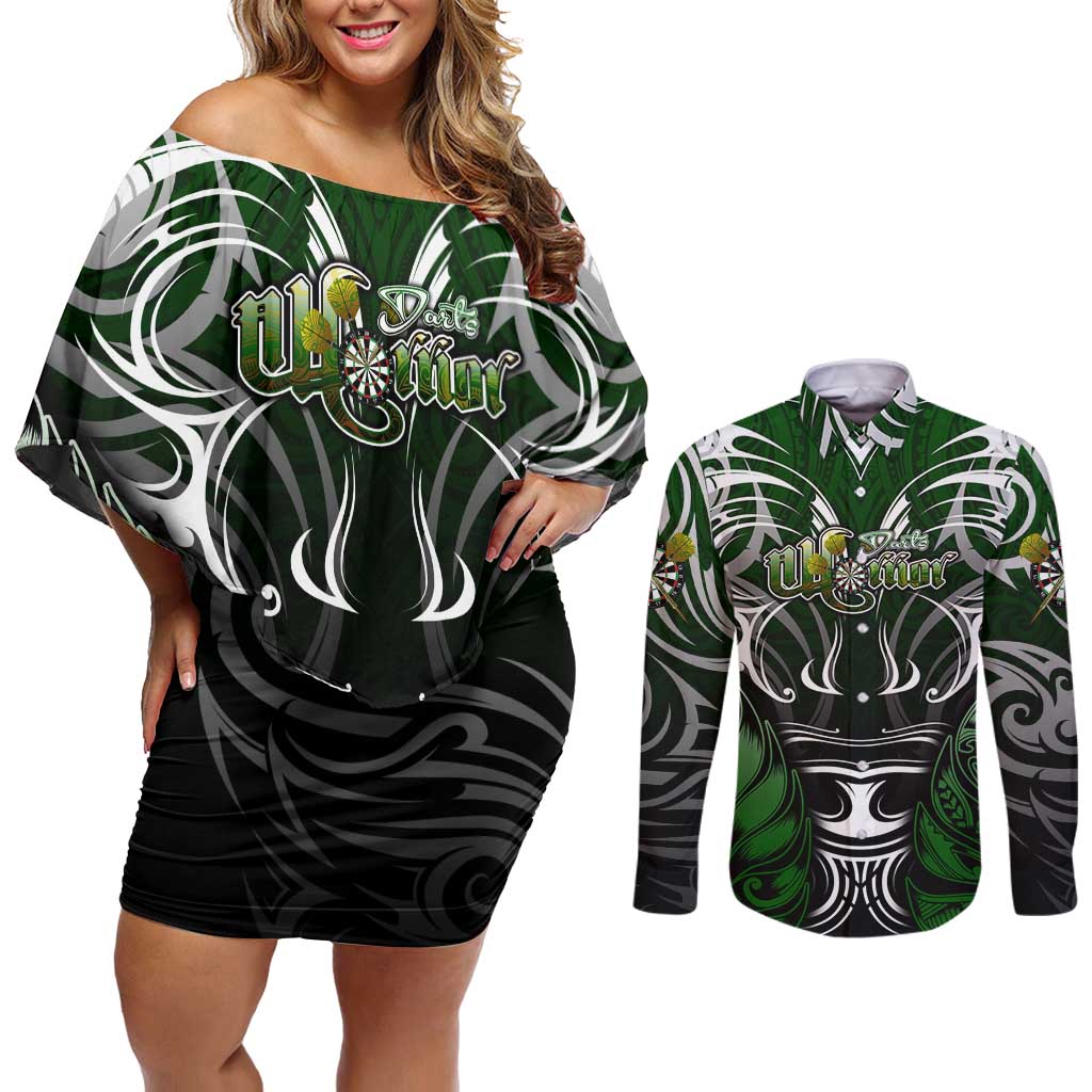 Personalised Warriors Maori Darts Couples Matching Off Shoulder Short Dress and Long Sleeve Button Shirt New Zealand Darts Silver Fern