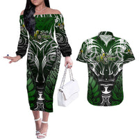 Personalised Warriors Maori Darts Couples Matching Off The Shoulder Long Sleeve Dress and Hawaiian Shirt New Zealand Darts Silver Fern DT02 Green - Polynesian Pride