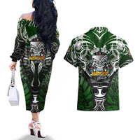 Personalised Warriors Maori Darts Couples Matching Off The Shoulder Long Sleeve Dress and Hawaiian Shirt New Zealand Darts Silver Fern DT02 - Polynesian Pride