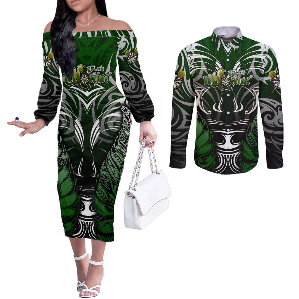 Personalised Warriors Maori Darts Couples Matching Off The Shoulder Long Sleeve Dress and Long Sleeve Button Shirt New Zealand Darts Silver Fern DT02 Green - Polynesian Pride