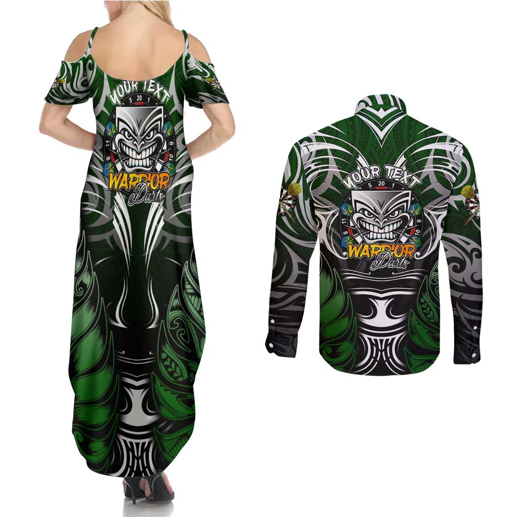 Personalised Warriors Maori Darts Couples Matching Summer Maxi Dress and Long Sleeve Button Shirt New Zealand Darts Silver Fern DT02 - Polynesian Pride