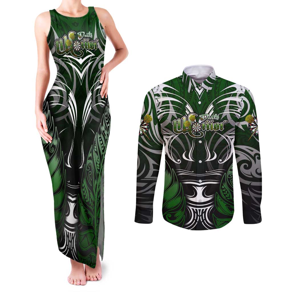 Personalised Warriors Maori Darts Couples Matching Tank Maxi Dress and Long Sleeve Button Shirt New Zealand Darts Silver Fern