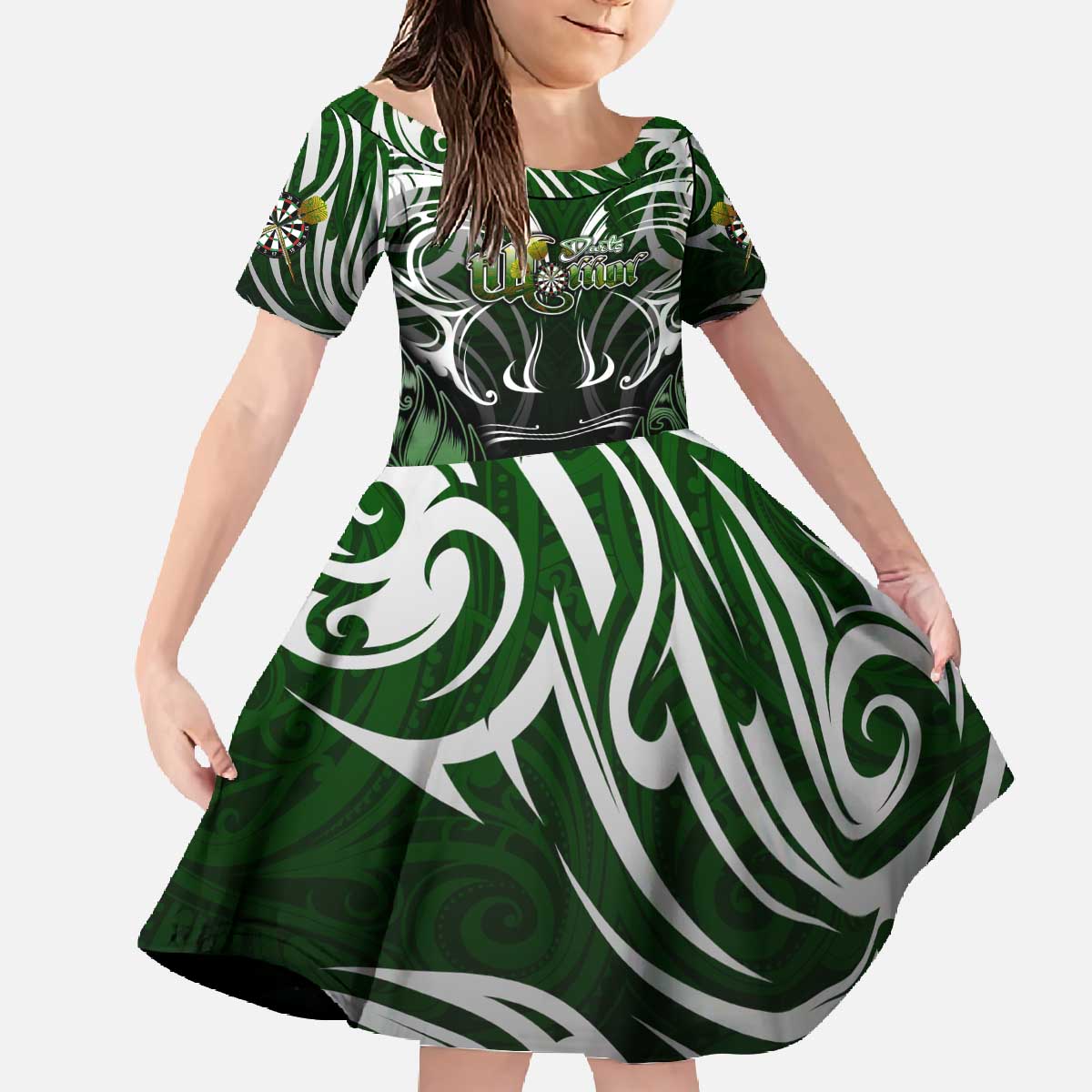 Personalised Warriors Maori Darts Family Matching Off The Shoulder Long Sleeve Dress and Hawaiian Shirt New Zealand Darts Silver Fern DT02 Daughter's Dress Green - Polynesian Pride
