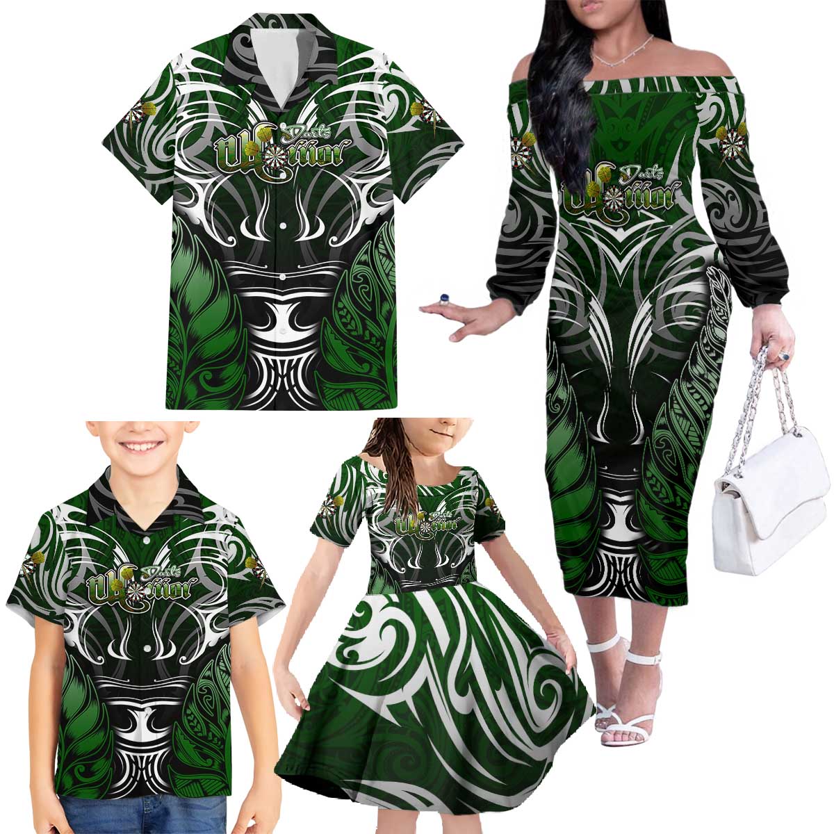 Personalised Warriors Maori Darts Family Matching Off The Shoulder Long Sleeve Dress and Hawaiian Shirt New Zealand Darts Silver Fern DT02 - Polynesian Pride