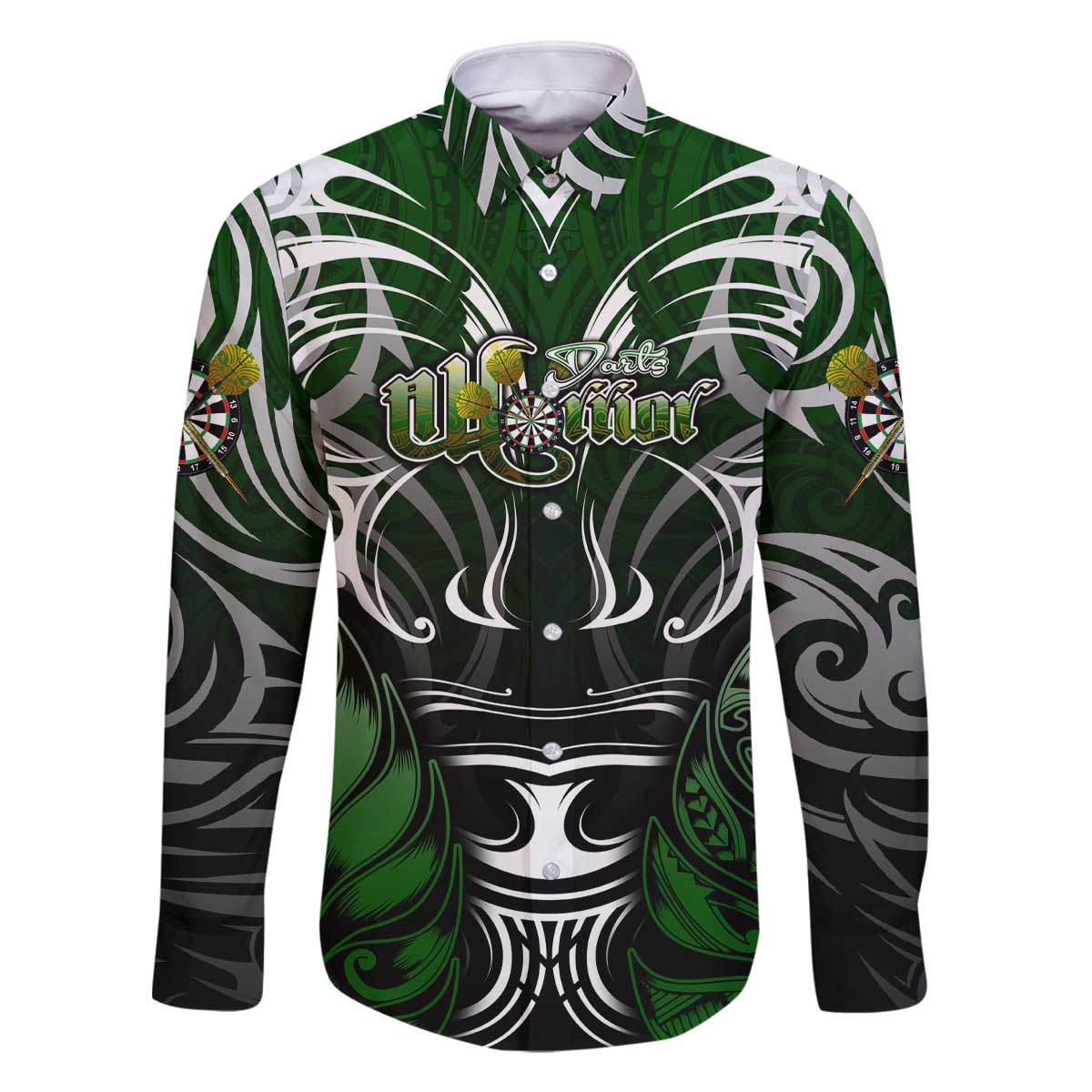 Personalised Warriors Maori Darts Family Matching Off The Shoulder Long Sleeve Dress and Hawaiian Shirt New Zealand Darts Silver Fern DT02 Dad's Shirt - Long Sleeve Green - Polynesian Pride