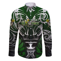 Personalised Warriors Maori Darts Family Matching Off The Shoulder Long Sleeve Dress and Hawaiian Shirt New Zealand Darts Silver Fern DT02 Dad's Shirt - Long Sleeve Green - Polynesian Pride