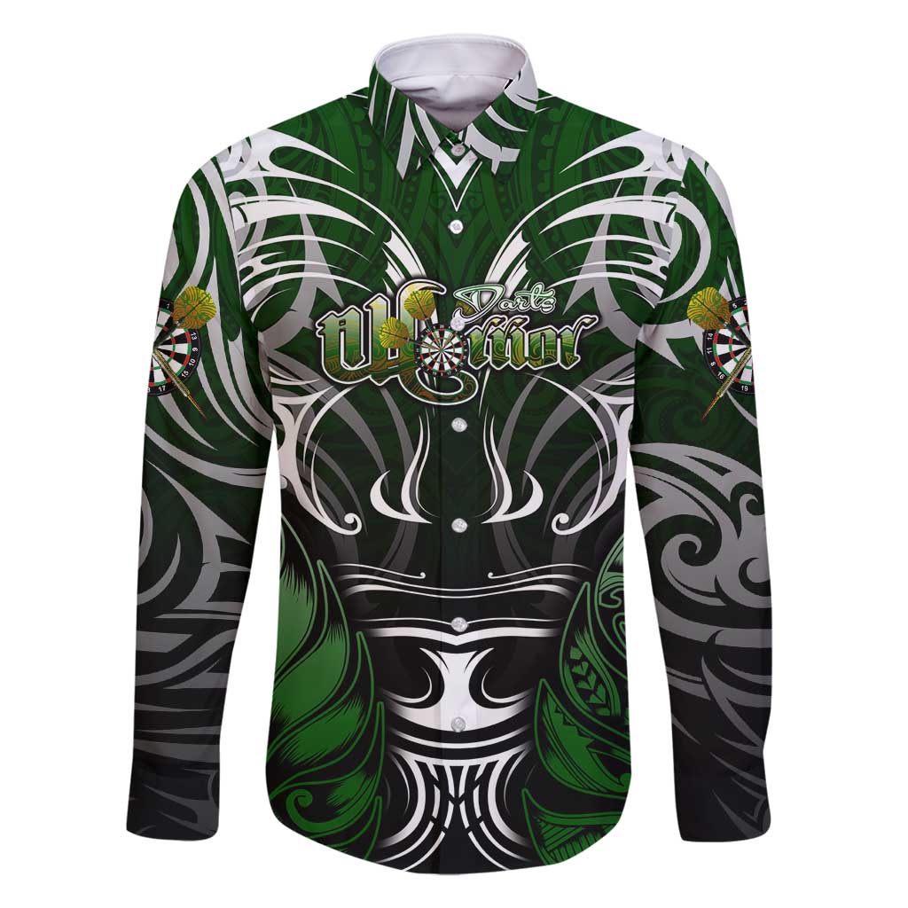 Personalised Warriors Maori Darts Family Matching Summer Maxi Dress and Hawaiian Shirt New Zealand Darts Silver Fern DT02 Dad's Shirt - Long Sleeve Green - Polynesian Pride