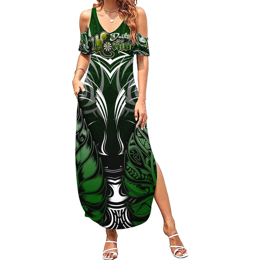 Personalised Warriors Maori Darts Family Matching Summer Maxi Dress and Hawaiian Shirt New Zealand Darts Silver Fern DT02 Mom's Dress Green - Polynesian Pride