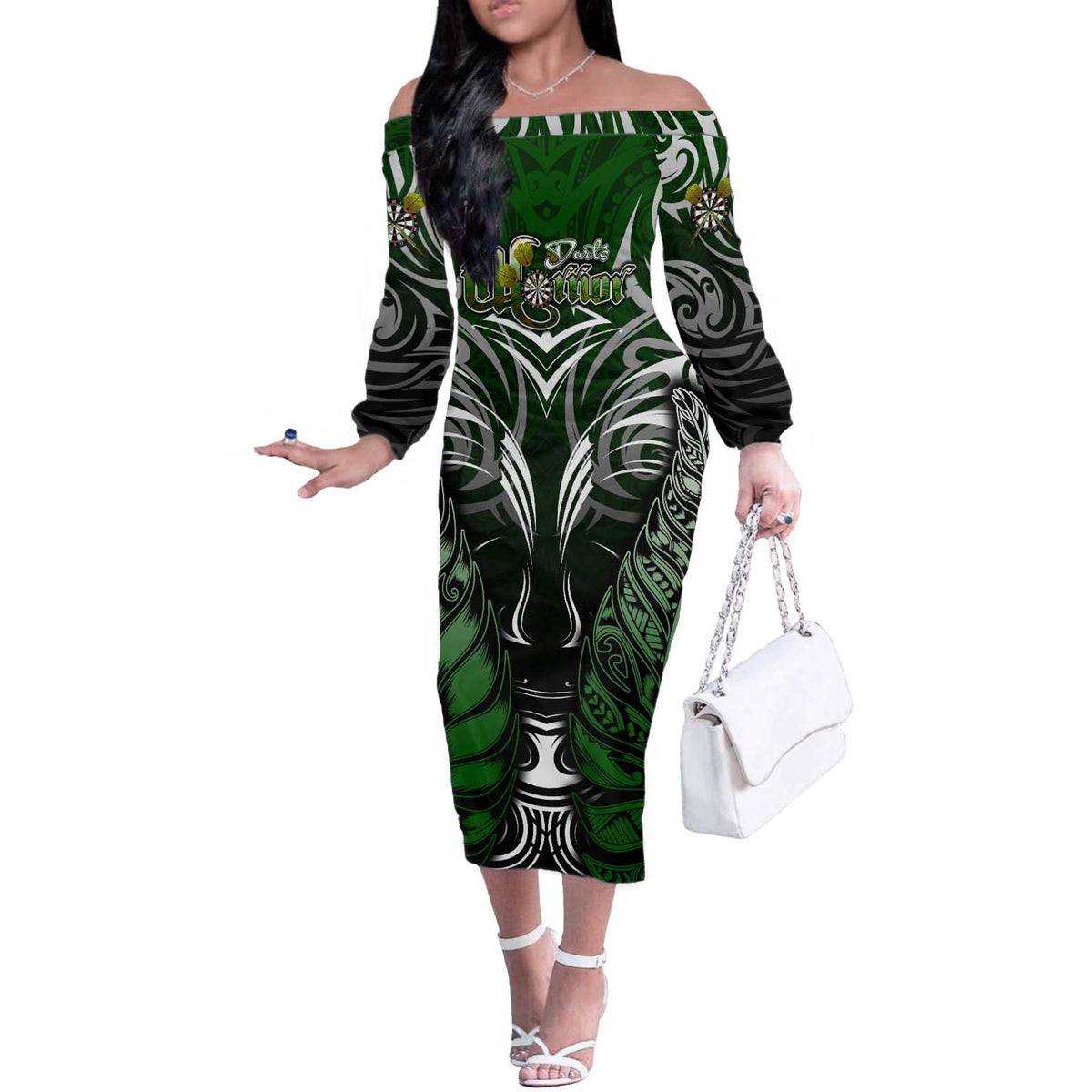Personalised Warriors Maori Darts Off The Shoulder Long Sleeve Dress New Zealand Darts Silver Fern