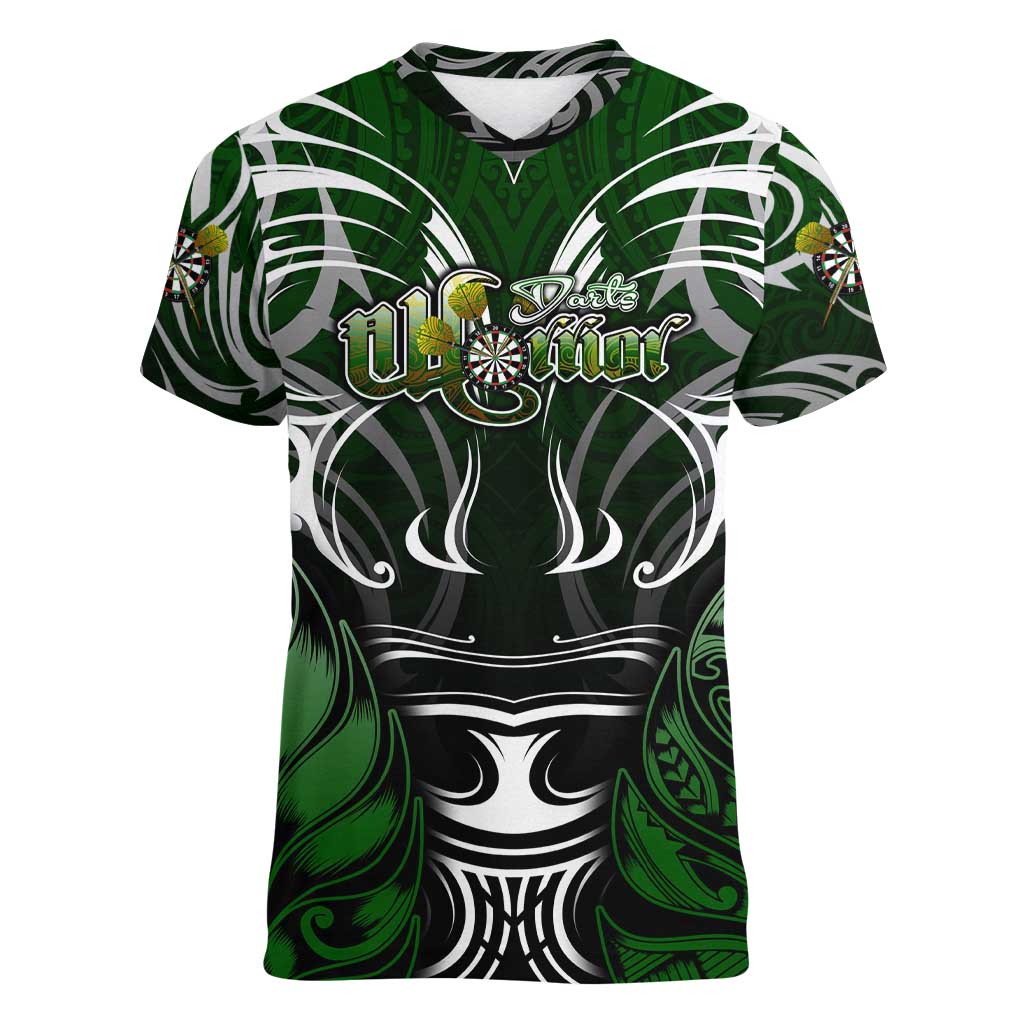 Personalised Warriors Maori Darts Women V-Neck T-Shirt New Zealand Darts Silver Fern DT02 Female Green - Polynesian Pride