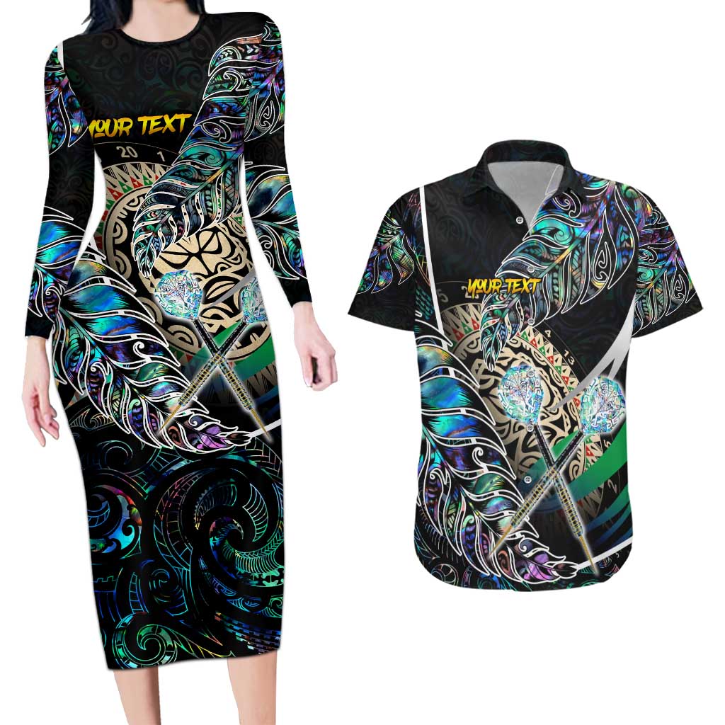 Personalised New Zealand Darts Couples Matching Long Sleeve Bodycon Dress and Hawaiian Shirt NZ Paua Shell Maori Fern DT02 Black - Polynesian Pride