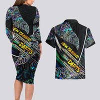 Personalised New Zealand Darts Couples Matching Long Sleeve Bodycon Dress and Hawaiian Shirt NZ Paua Shell Maori Fern DT02 - Polynesian Pride